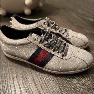 100% AUTH  GUCCI  BAMBI GLITTER STUD SILVER SNEAKERS Womens size 38